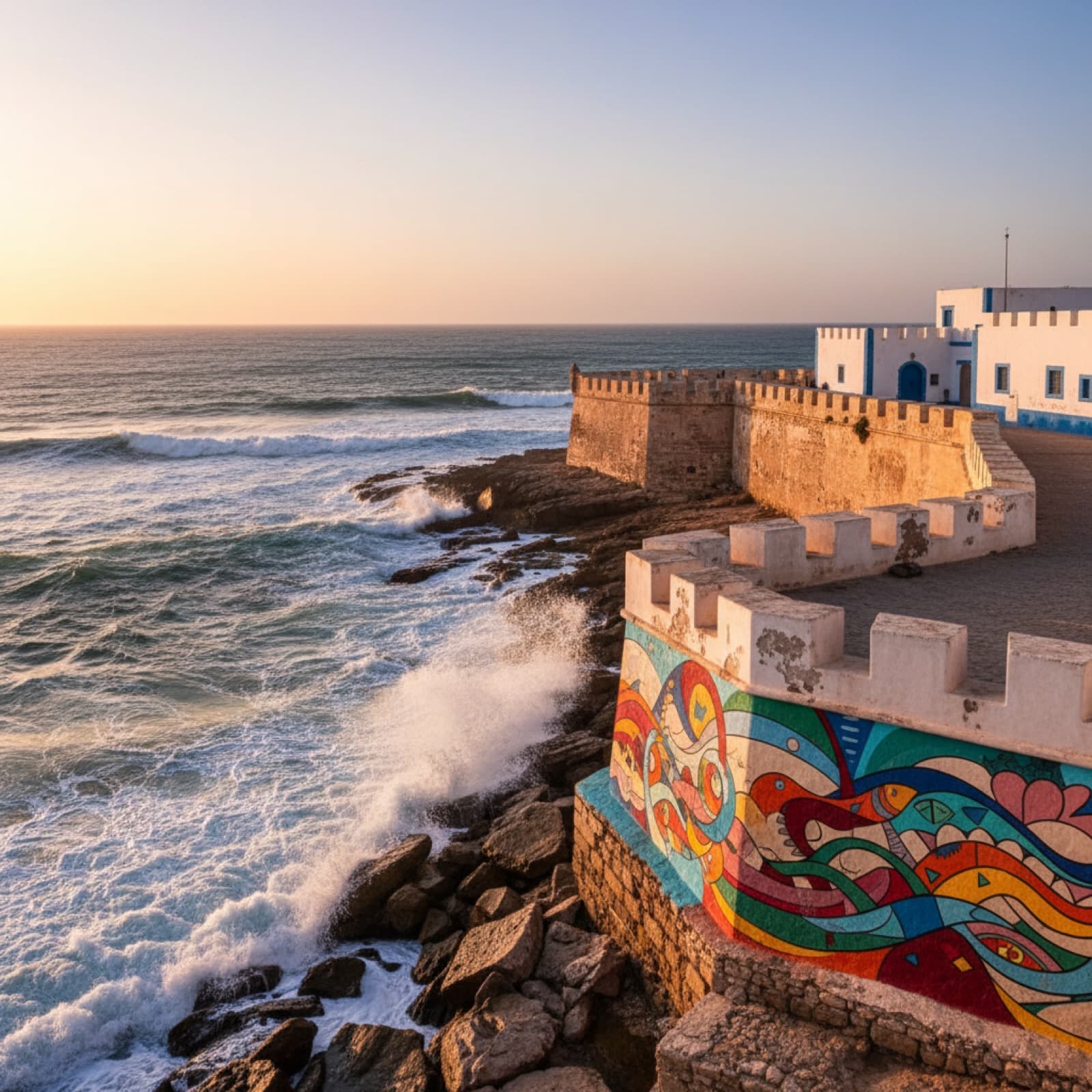 Weiß getünchte Medina-Mauern von Asilah mit blauen Akzenten über den atlantischen Festungswällen