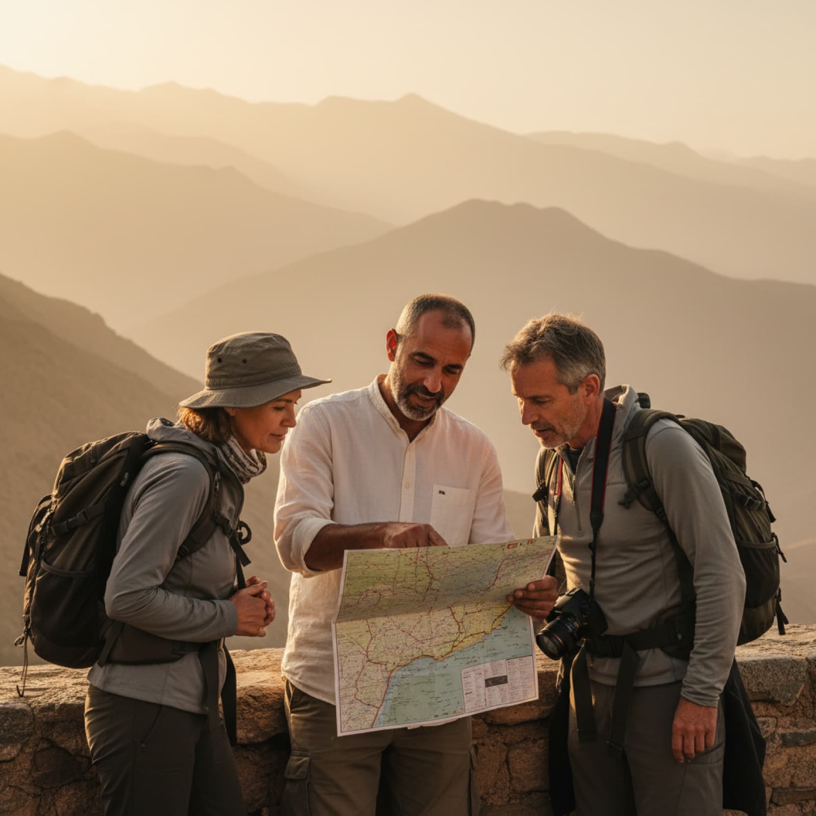 A Moroccan tour guide in his mid-forties showing a printed route map to a couple in their fifties at a High Atlas viewpoint, late afternoon light, layered mountain ranges fading into haze behind them.
