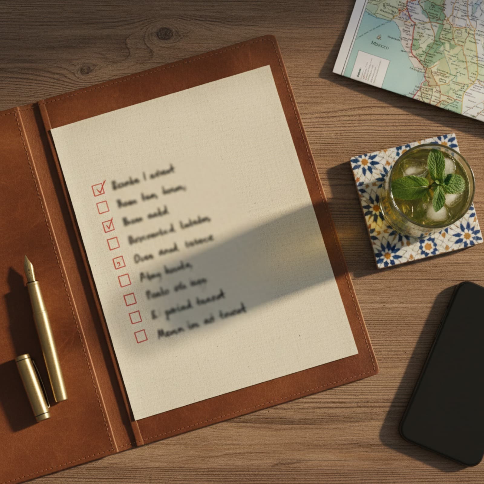 Top-down view of a brown leather portfolio open on a wooden desk with a hand-written checklist on cream paper, red checkboxes visible beside each item, brass pen, Moroccan zellige-tile coaster with mint tea, smartphone face-down, and folded paper map of Morocco at the edge of the frame.