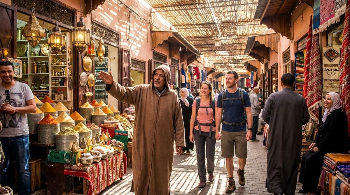 Un guide local menant deux voyageurs à travers un souk de médina marocaine étroit et animé.