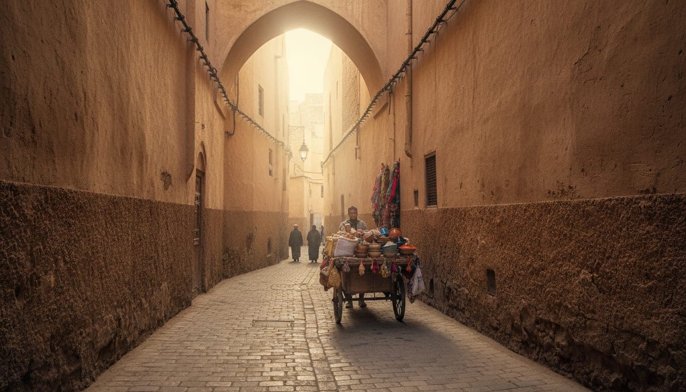 Une ruelle de médina sans voiture à Fès, Maroc, avec une charrette de porteur en bois et aucun véhicule.