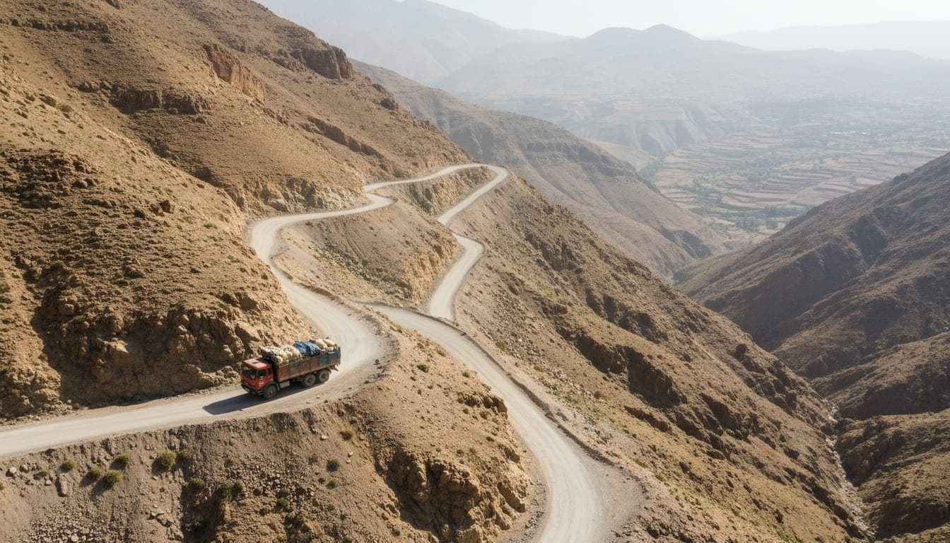 Une route étroite de col de montagne du Haut Atlas au Maroc avec des virages en épingle, des dénivelés abrupts et un camion lent.