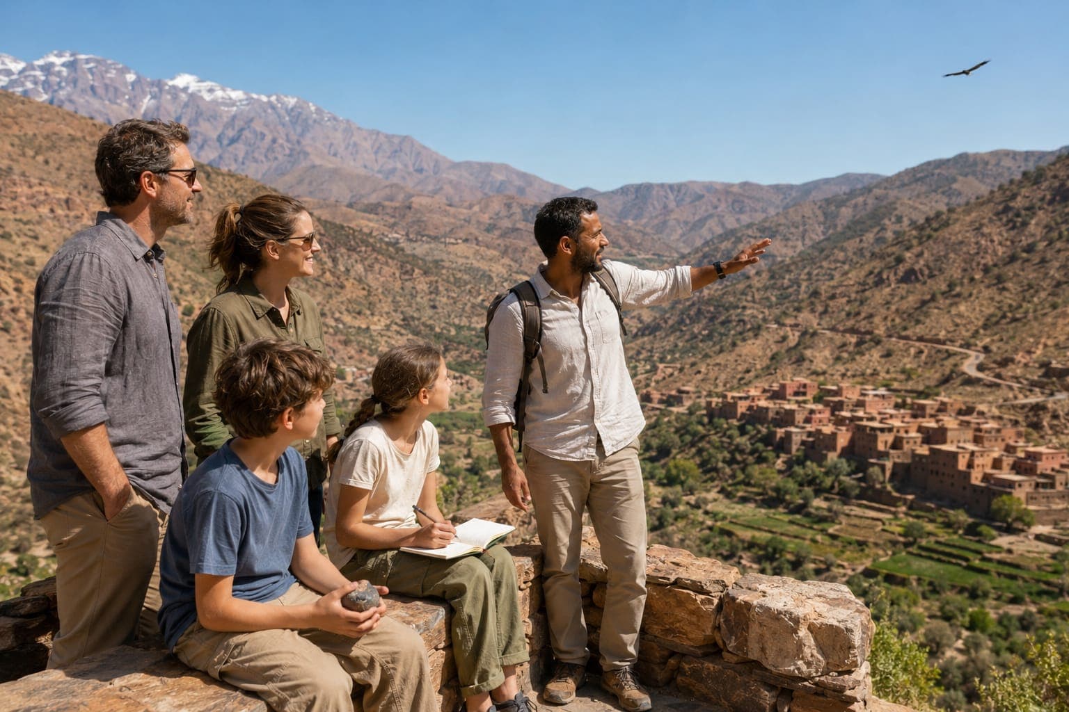Eine amerikanische Familie mit ihrem marokkanischen Guide auf einer Steinaussicht im Hohen Atlas.