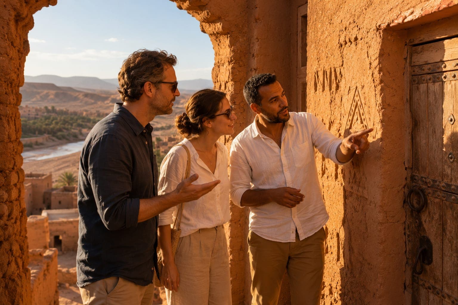 Ein marokkanischer privater Reiseleiter zeigt einem amerikanischen Paar ein geschnitztes Detail an der Lehmmauer der Kasbah Aït Ben Haddou.