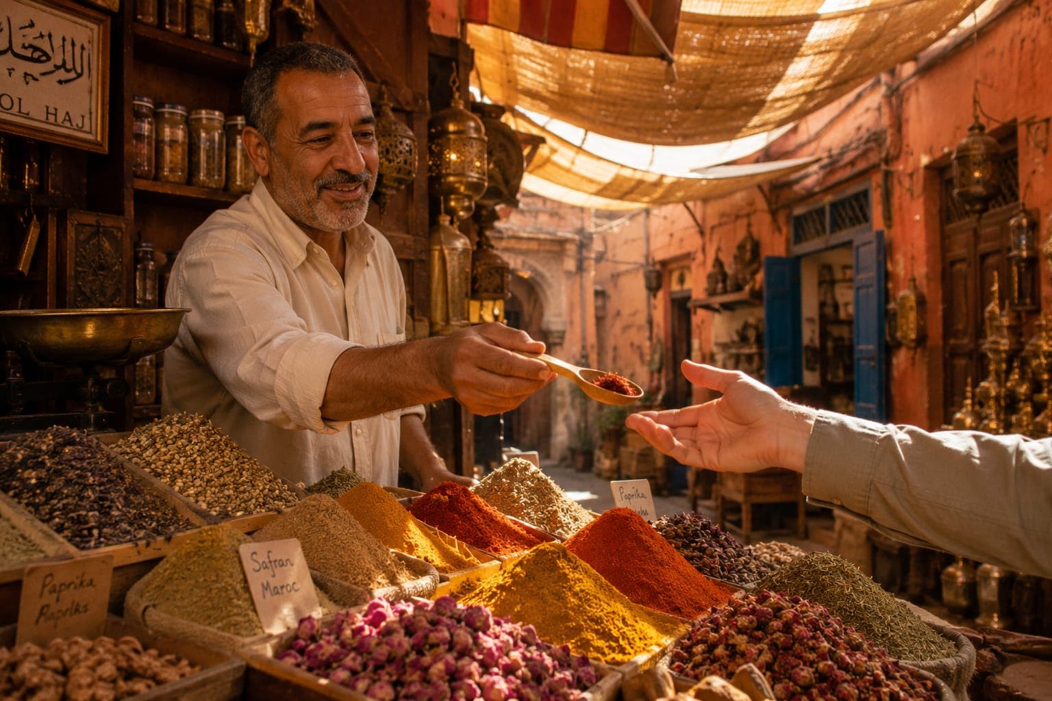Ein Gewürzstand in der Medina von Marrakesch am frühen Nachmittag, ein Händler reicht einer Reisenden einen Holzlöffel mit Safran.