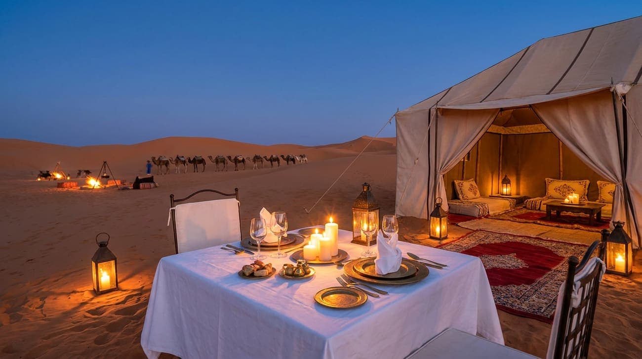 Une table de dîner raffiné aux chandelles dressée sur les dunes du Sahara au crépuscule, à côté d'un camp de tentes de luxe au Maroc.