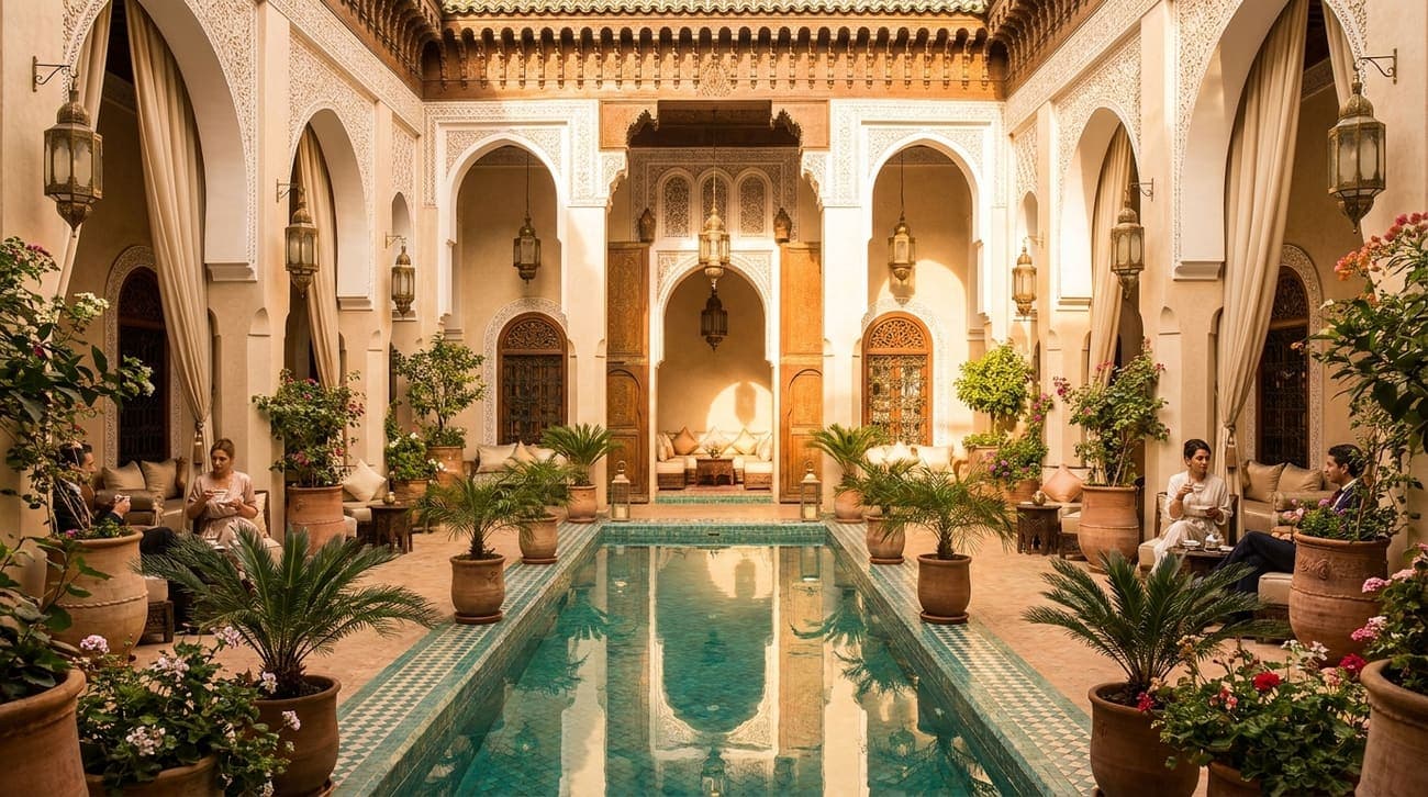 Une élégante cour de riad de luxe à Marrakech avec une piscine turquoise, des palmiers et des carreaux complexes.