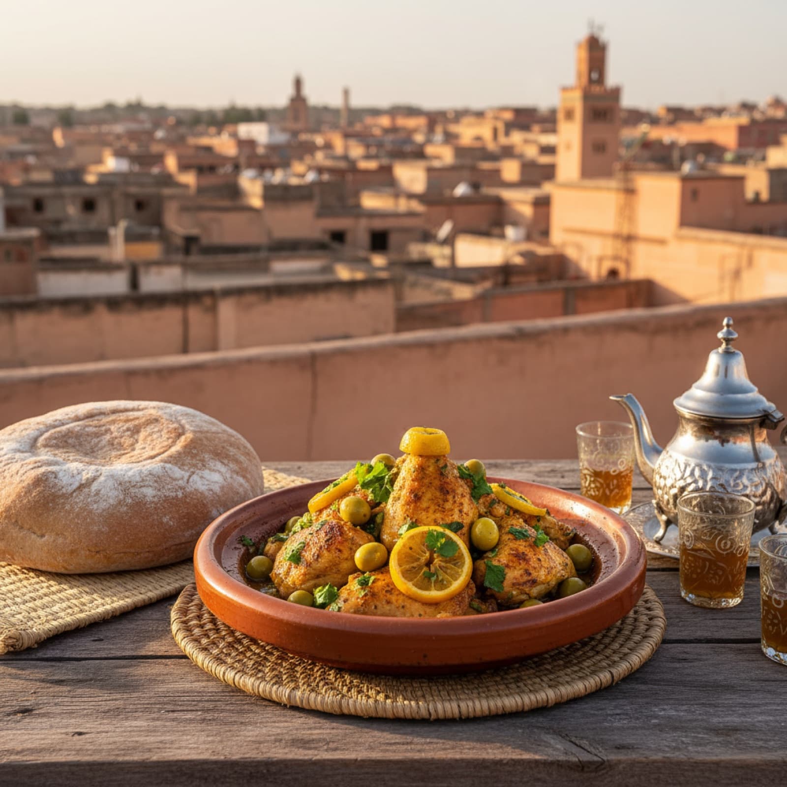 Manos colocando pollo, limón en conserva y aceitunas en un tajín de barro en la azotea de un riad en Marruecos