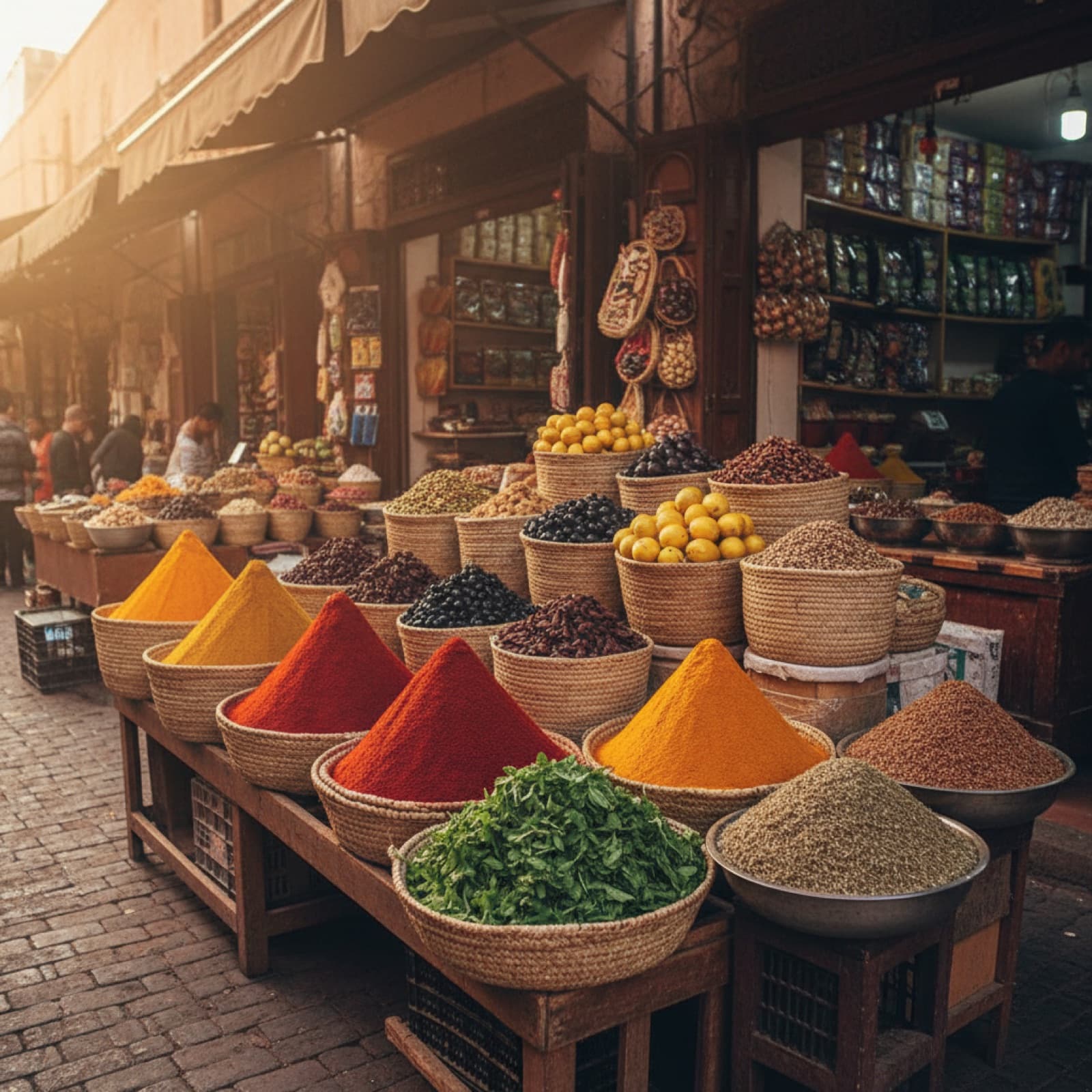 Una cocinera y una viajera eligiendo verduras frescas y especias en un puesto del zoco de Marrakech antes de un curso de cocina