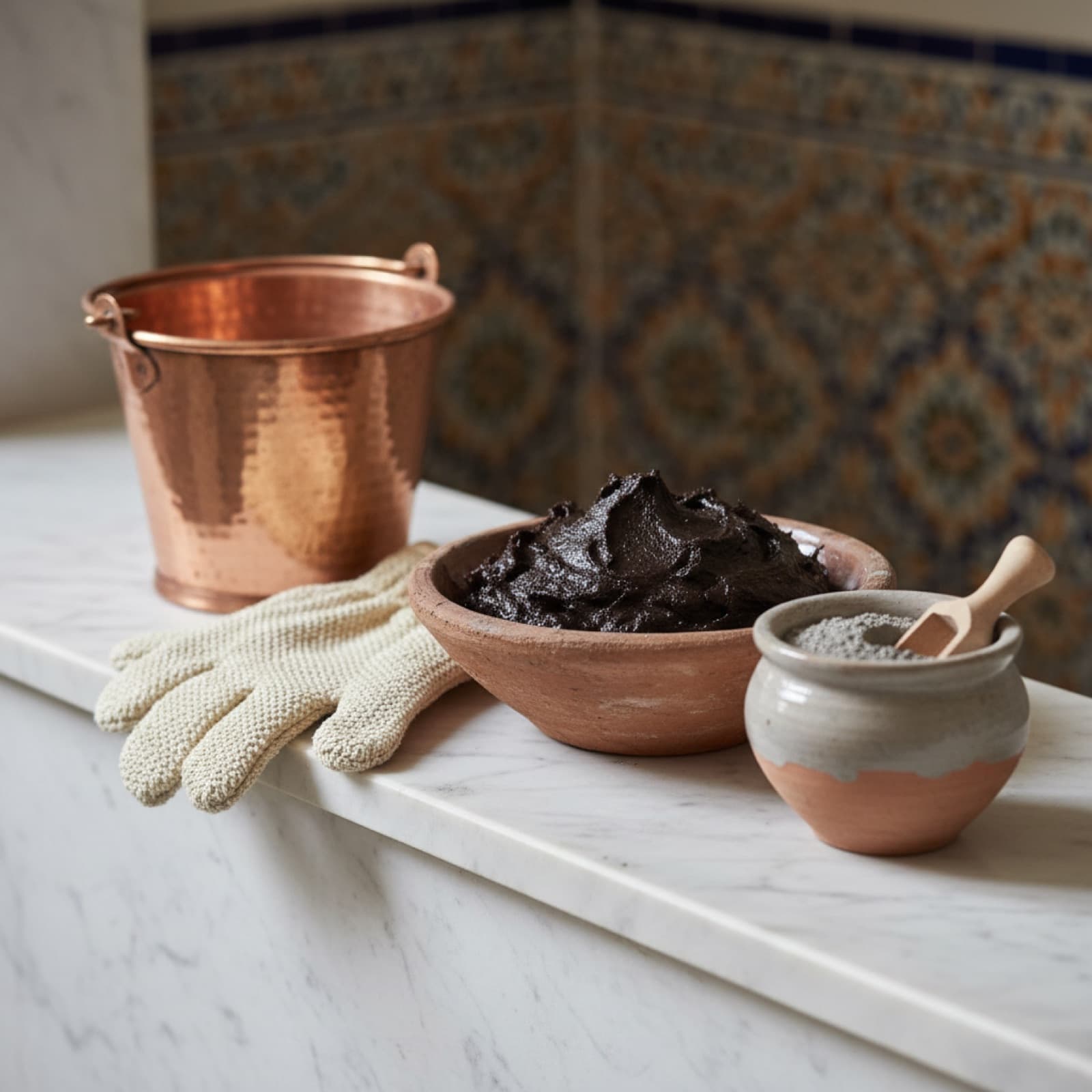 Marokkanische Savon beldi, schwarze Olivenseife, in einer Schale neben einem groben braunen Kessa-Peelinghandschuh.