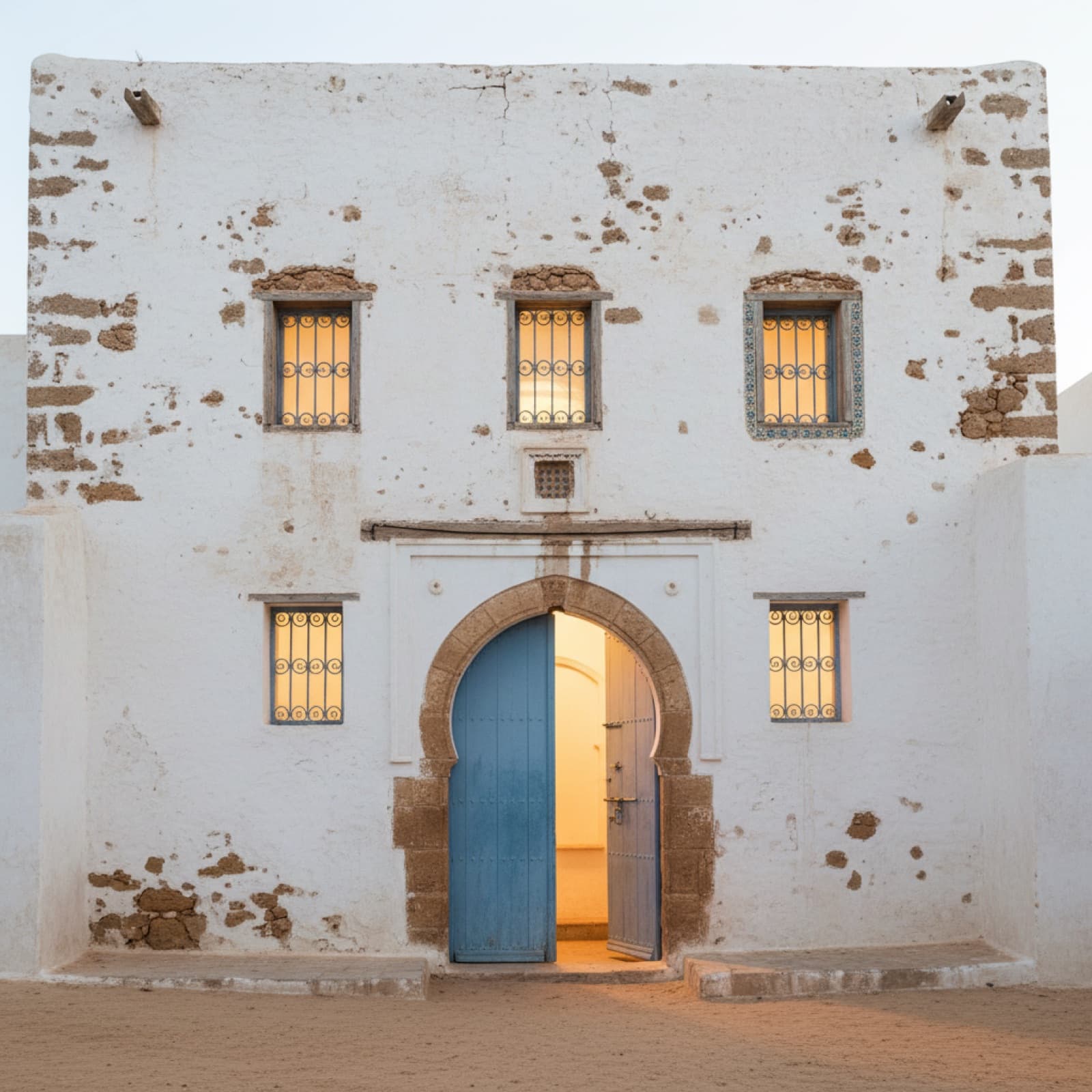 Interior de uma sinagoga histórica no bairro judaico de Essaouira com arca e lâmpadas suspensas