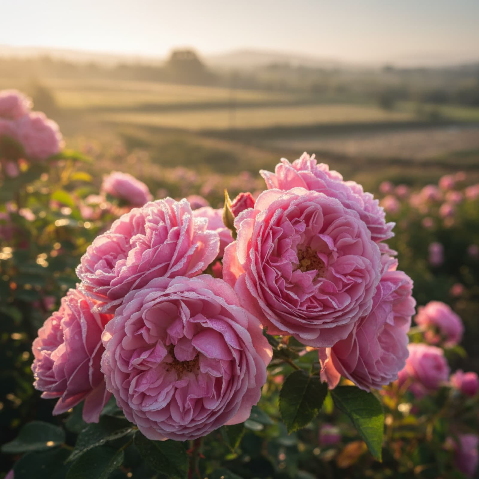 Rosa Hecken aus Damaszener-Rosen säumen Oasengärten unterhalb einer ockerfarbenen Kasbah im Tal der Rosen bei Kelaat M'Gouna, Marokko.