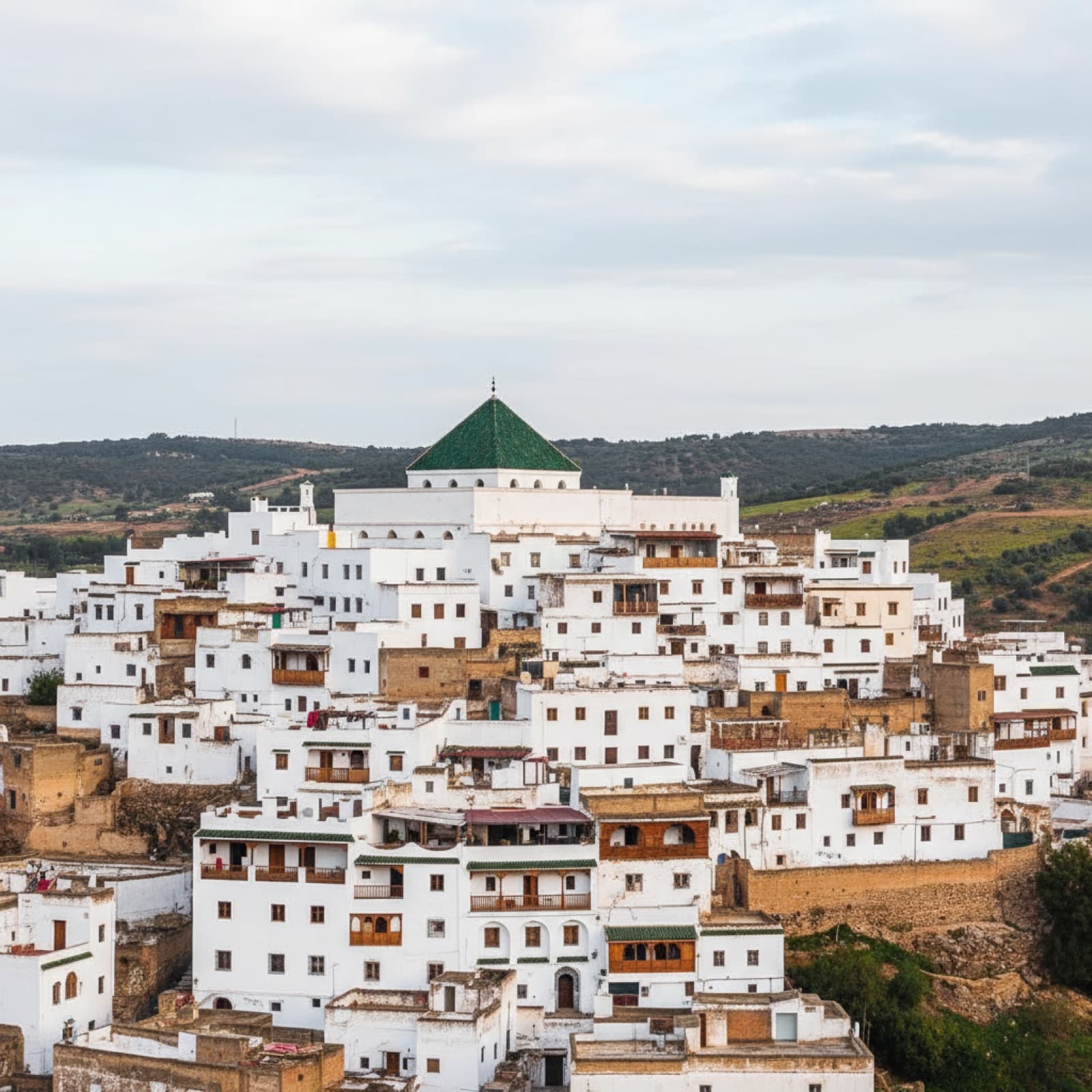 Grünes pyramidenförmiges Kacheldach des Mausoleums von Idris I., das über Moulay Idriss aufragt