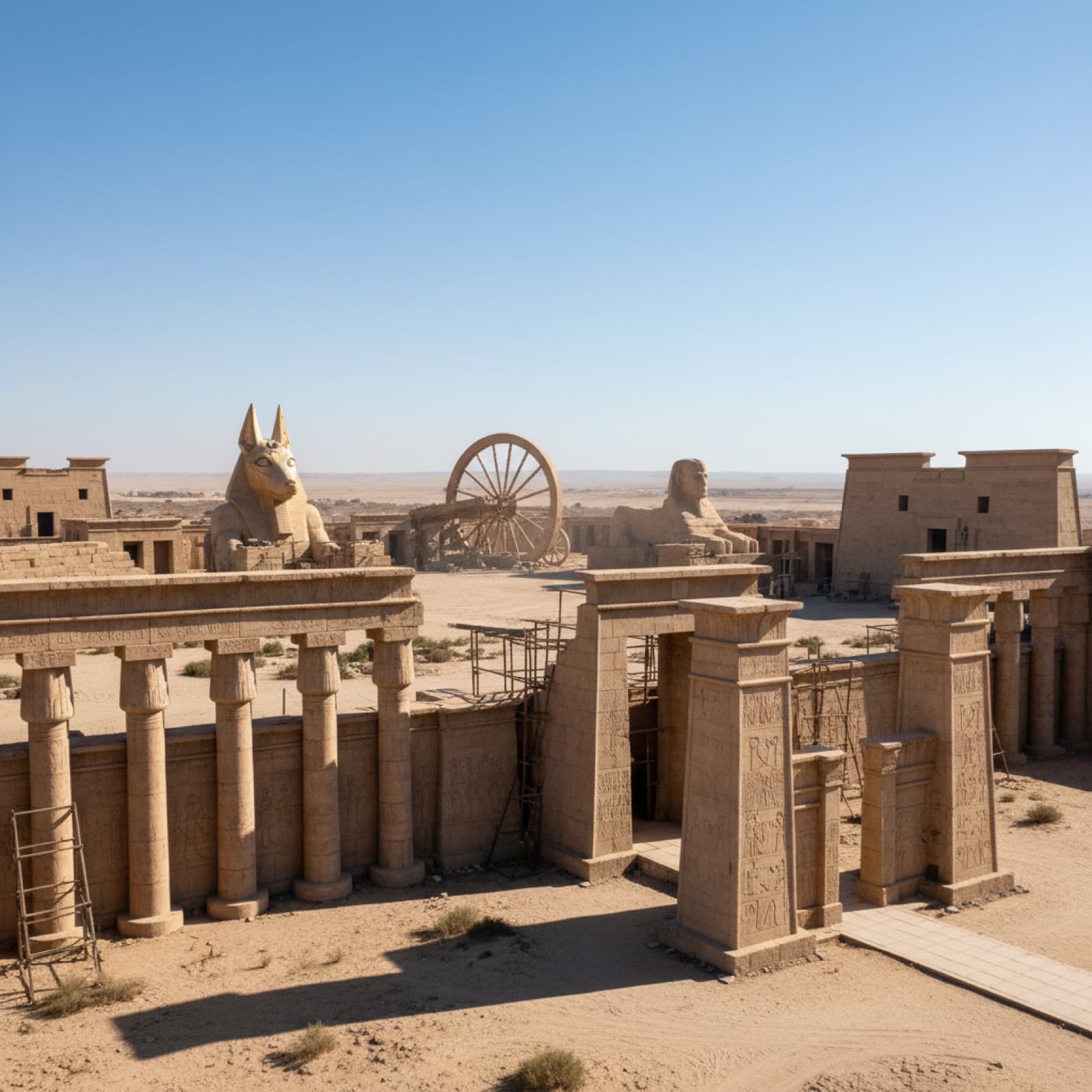 Standing film set with mud-brick and plaster facades at Atlas Studios in the desert near Ouarzazate, Morocco
