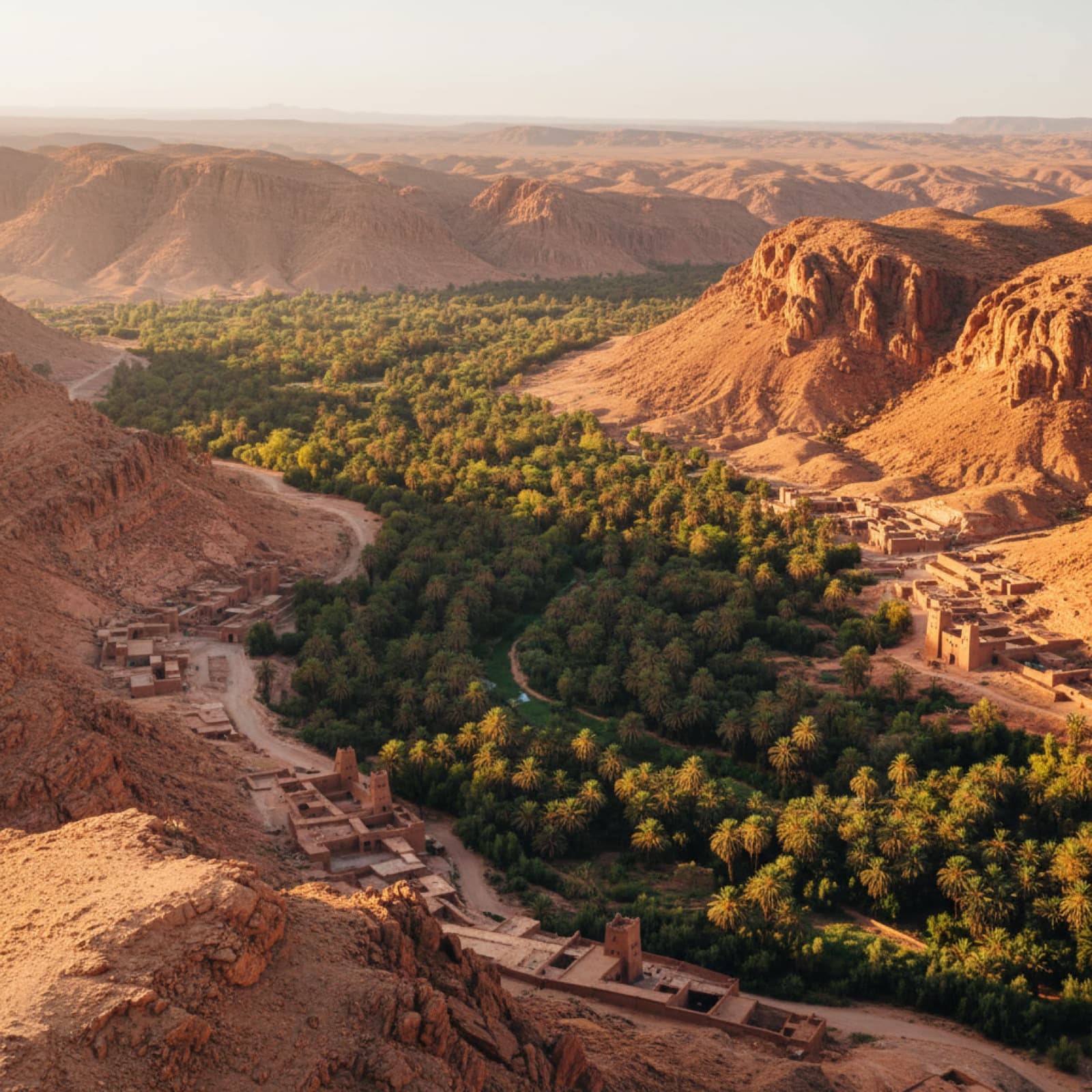 Palm groves and earthen kasbahs lining the Draa Valley south of Ouarzazate, Morocco