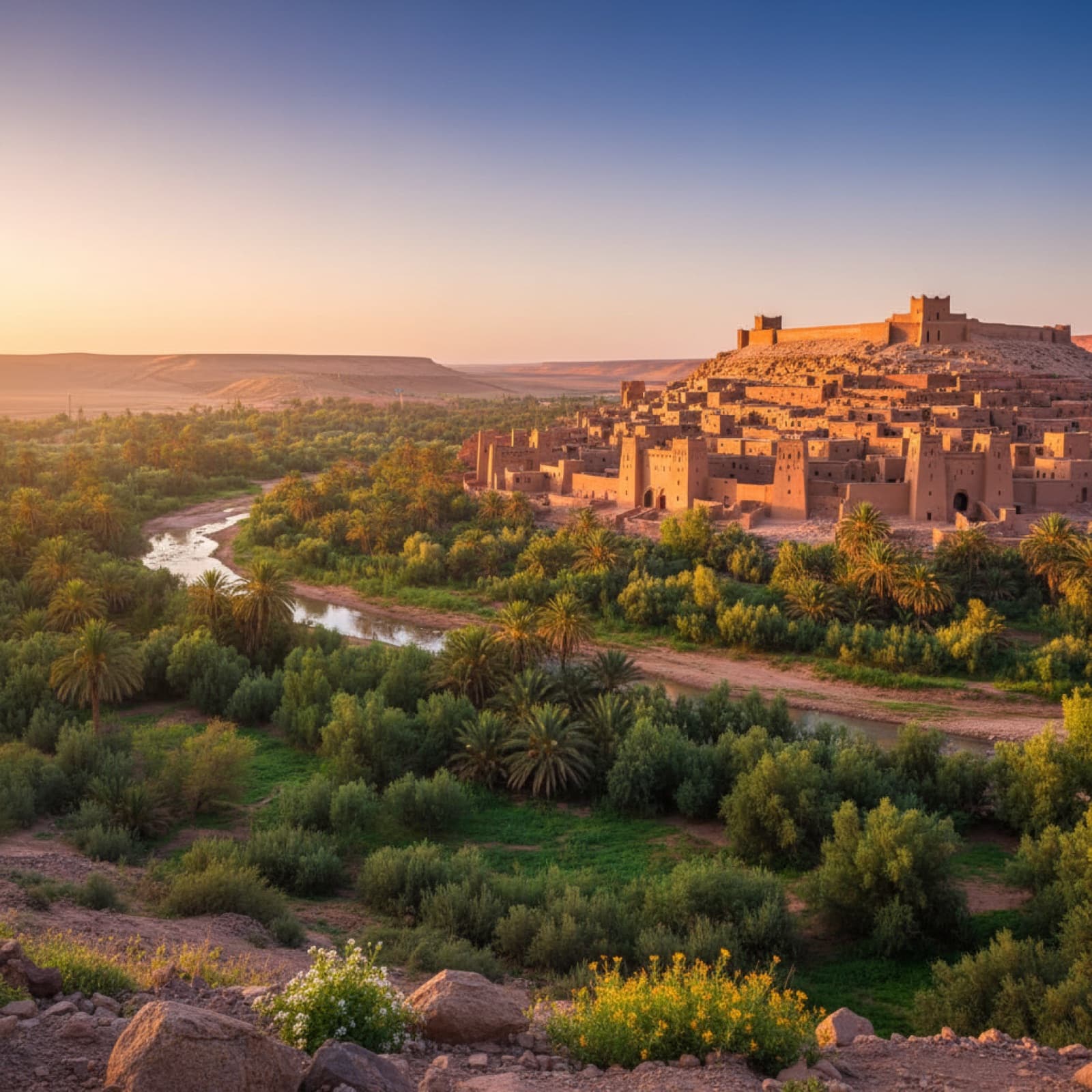 The mud-brick towers of the Aït Ben Haddou ksar glowing gold at sunset on the Road of a Thousand Kasbahs