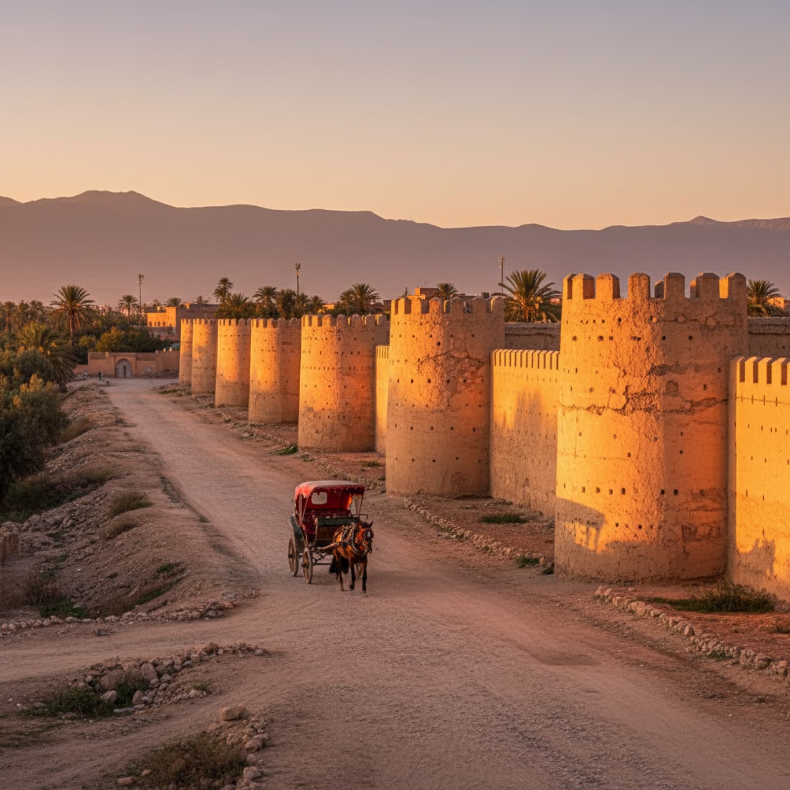 The ochre rammed-earth ramparts of Taroudant glowing at sunset with the High Atlas behind