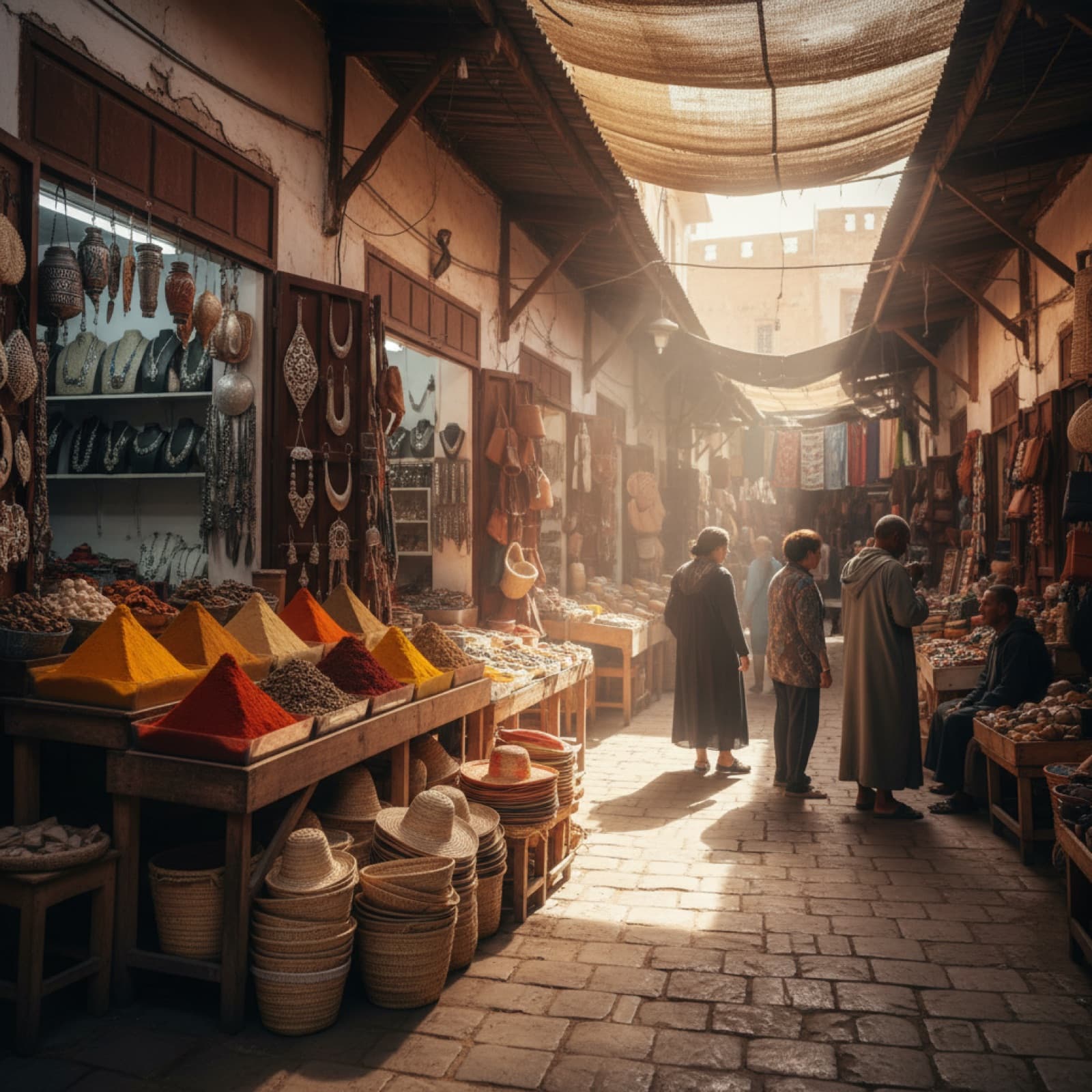 A quiet souk lane in Taroudant with carpets, lanterns and spices and few tourists