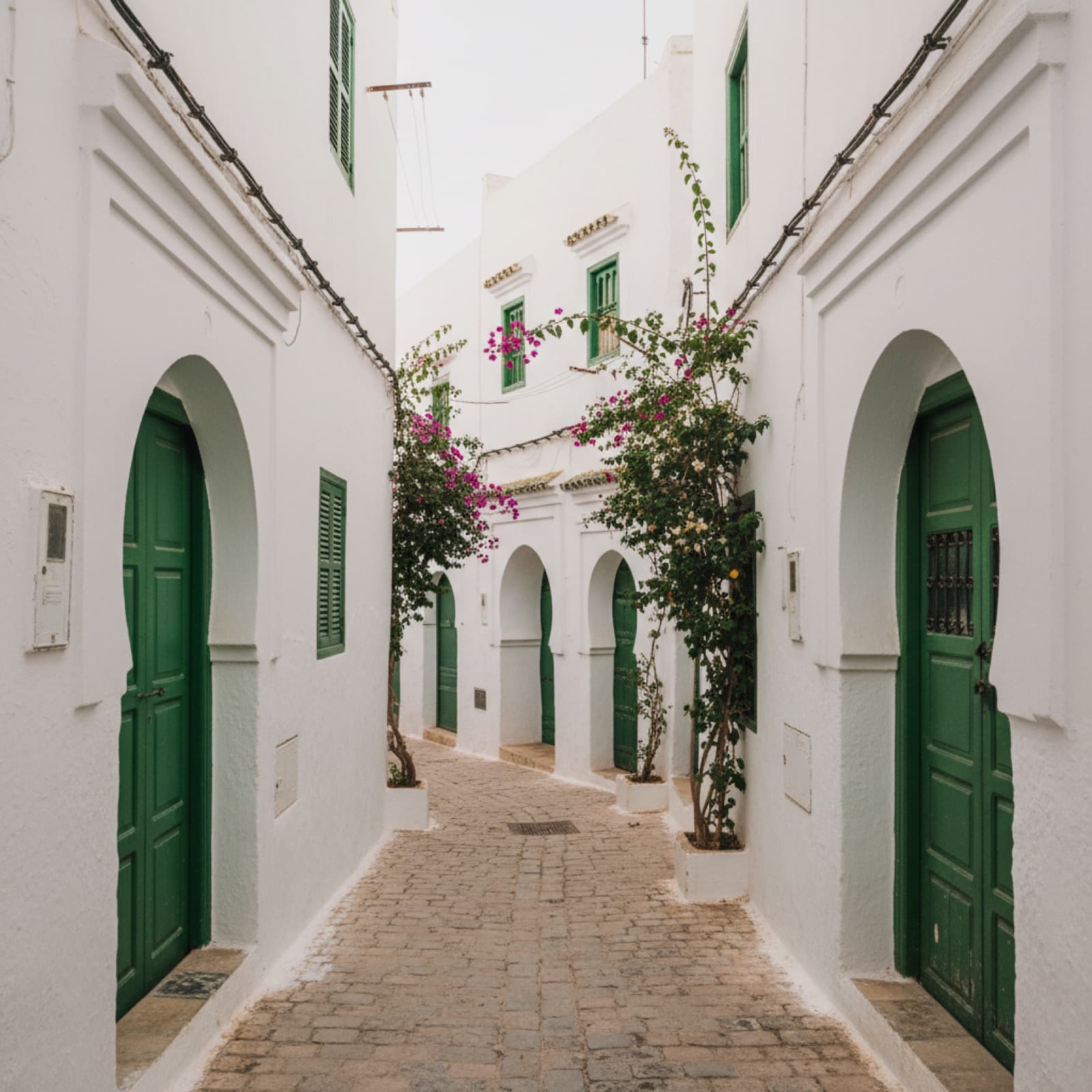 Whitewashed houses and a narrow shaded lane in Tetouan's UNESCO medina in northern Morocco