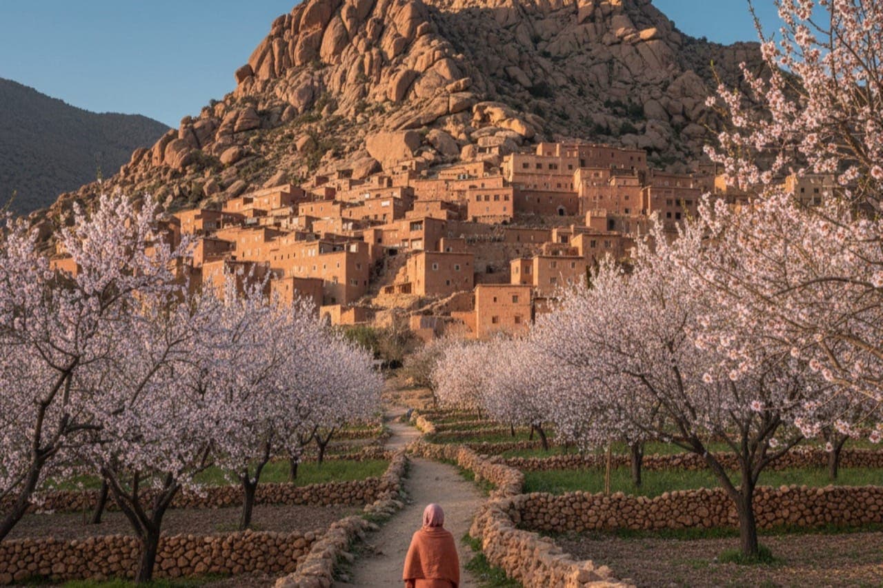 Randonneur solitaire sur un sentier bordé de murs en pierre entre des amandiers roses dans la vallée d'Ameln de Tafraoute, Anti-Atlas, Maroc, avec le village ocre d'Oumesnat niché dans la crête granitique du Jebel El Kest.