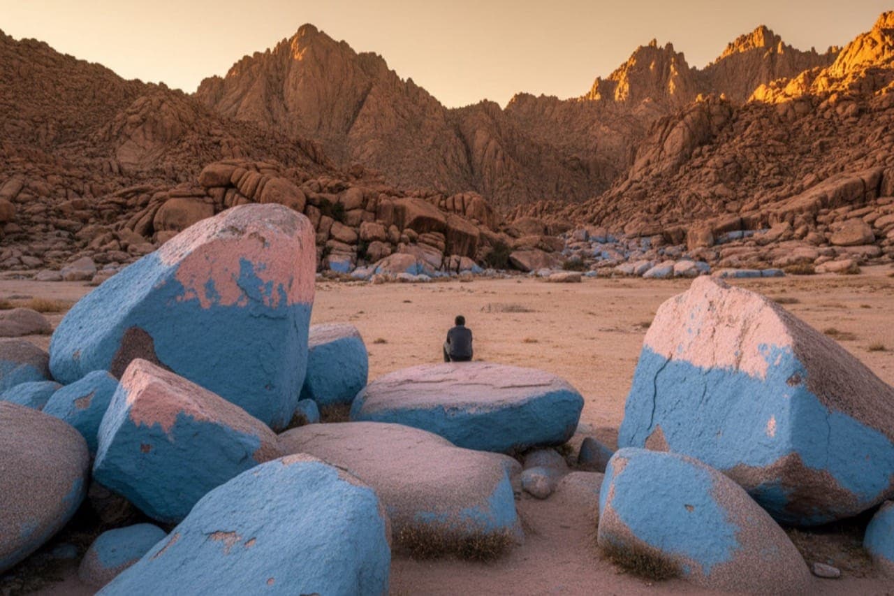 Les blocs de granit peints en bleu outremer et rouge saumon fanés de Jean Vérame au sud de Tafraoute, Anti-Atlas, Maroc, à l'heure dorée, une silhouette solitaire de dos sur un rocher plat pour l'échelle, des pics déchiquetés dans la lumière chaude du crépuscule ambré.