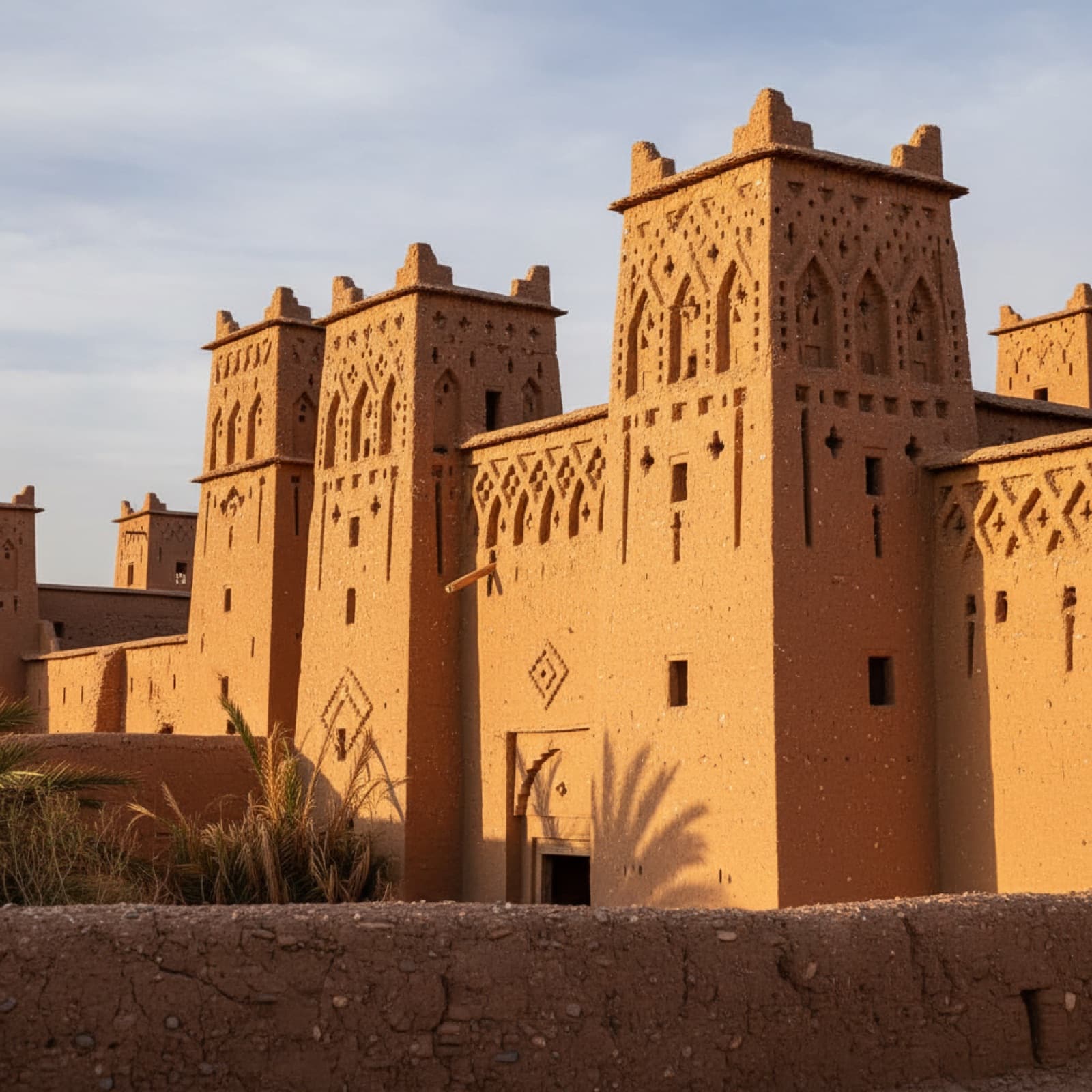 The earthen towers of Aït Ben Haddou ksar rising above the Ounila valley in golden afternoon light