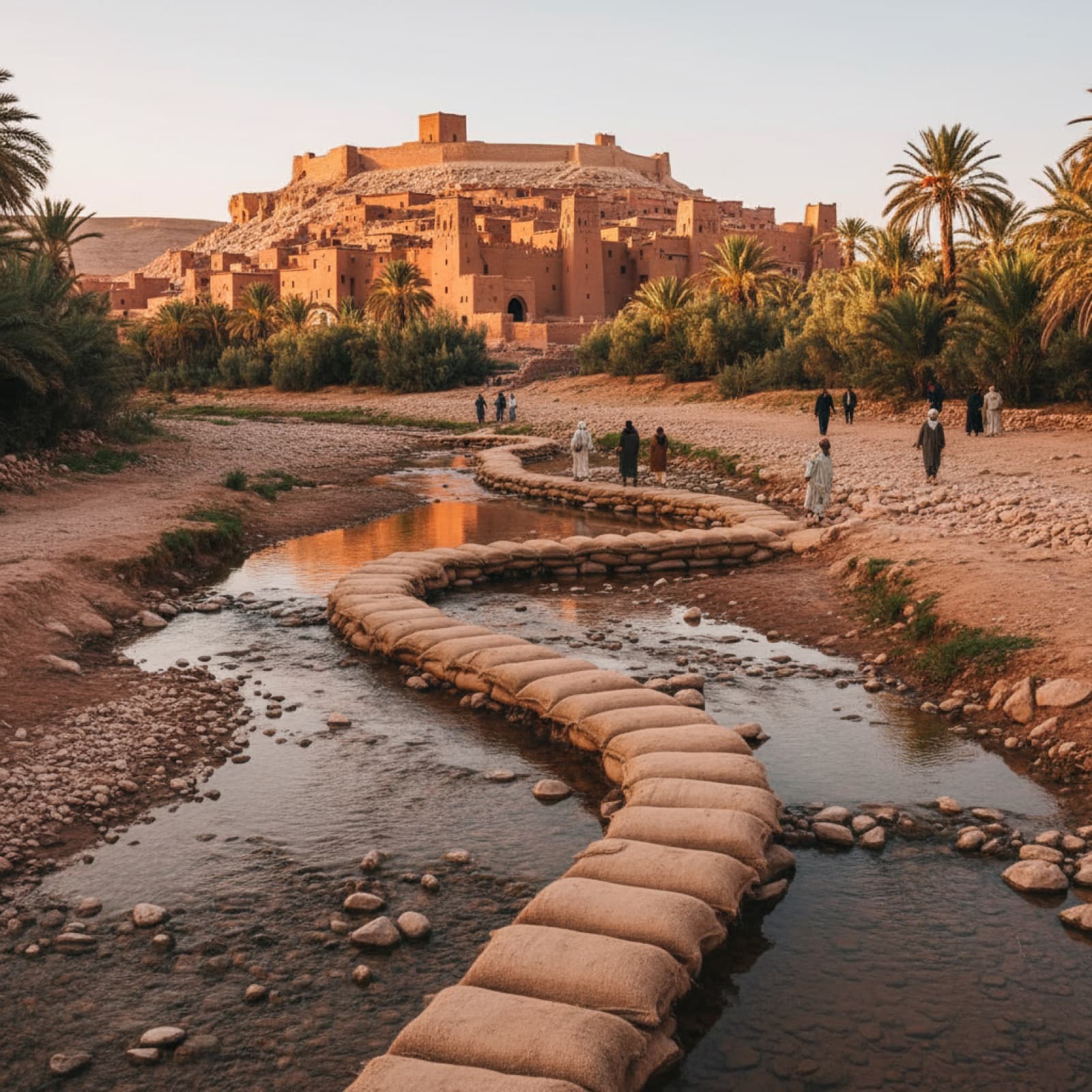 Stepping stones crossing the dry Ounila riverbed toward the Aït Ben Haddou ksar