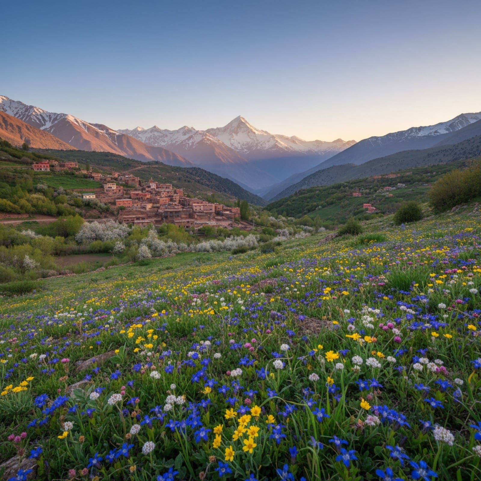 Das Imlil-Tal Mitte Mai. Alpine Wildblumenwiese im Vordergrund mit blauem Enzian, gelber Skabiose und weißen Berg-Korbblütlern; das Dorf Aroumd auf 1.900 Metern an den Hang geschmiegt in Bildmitte; das verschneite Toubkal-Massiv erhebt sich steil dahinter, mit dem Gipfelpyramiden in der Ferne sichtbar.