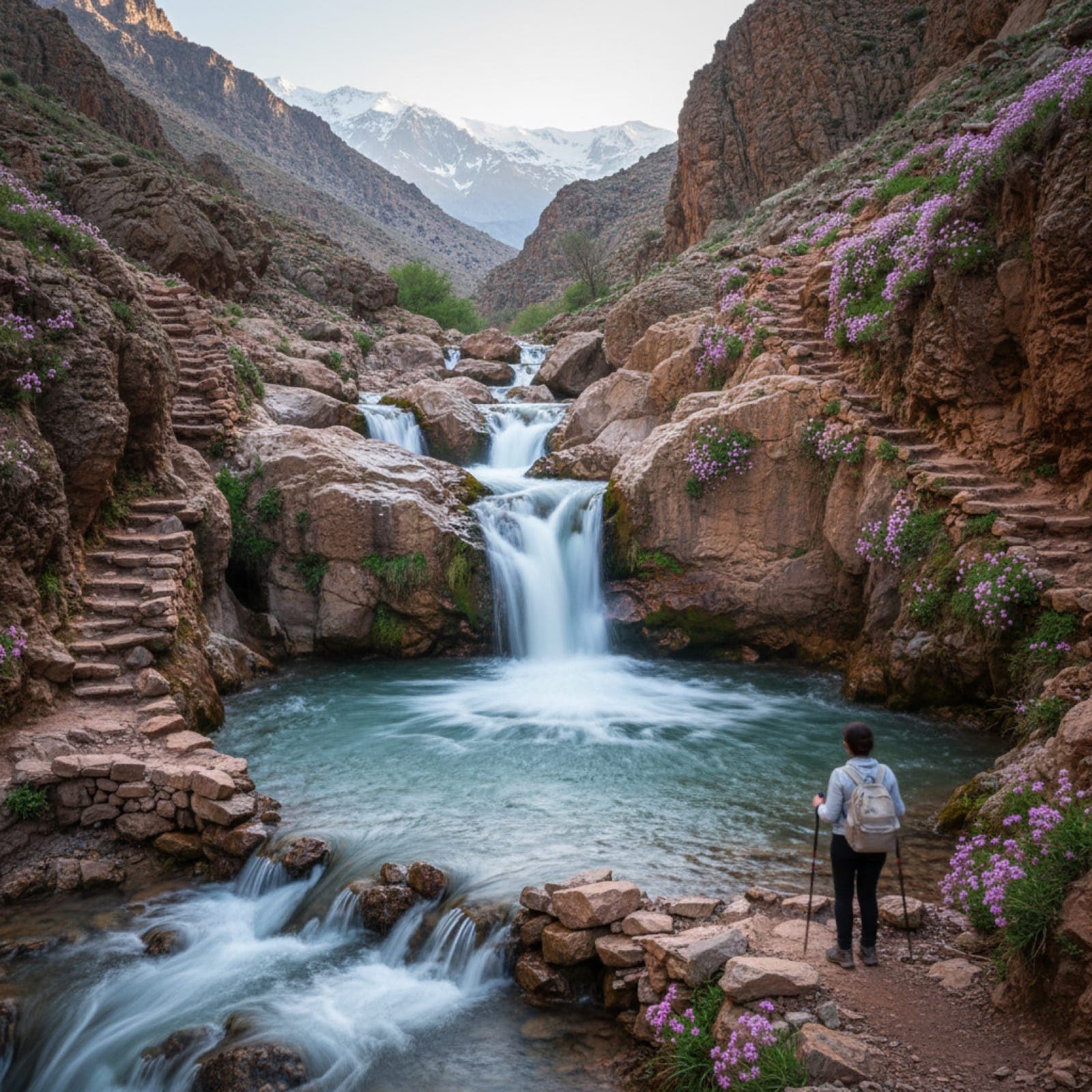 Der erste der sieben Setti-Fatma-Wasserfälle im oberen Ourika-Tal, Ende April. Starker Schneeschmelzfluss über rötlich-ockerfarbene Felsen; rosa Skabiosen klammern sich an die Schluchtwände; entfernte schneebedeckte Hohe-Atlas-Gipfel oben sichtbar. Eine einzelne Wanderin auf dem Steinbrücken-Pfad gibt Maßstab.