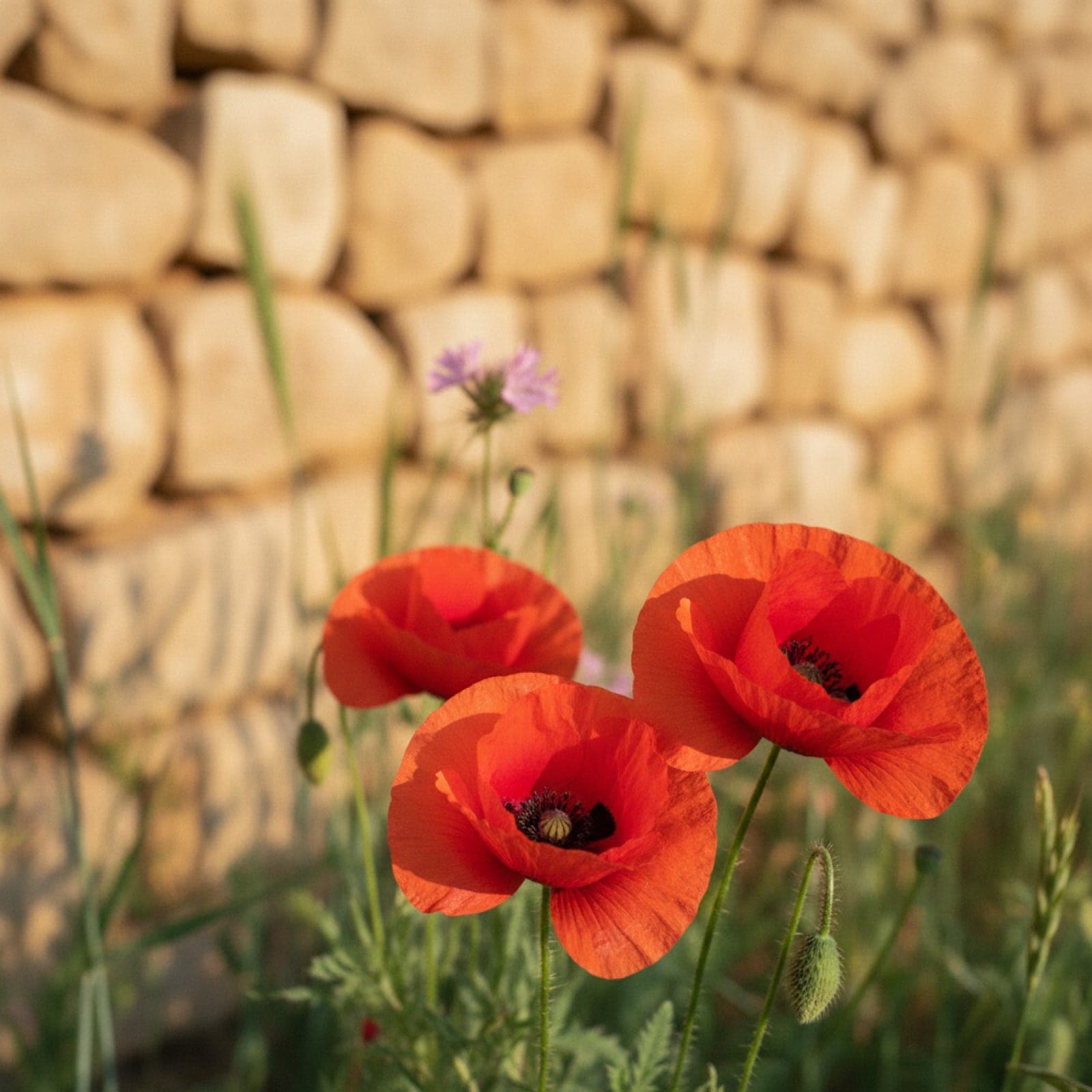Makroaufnahme roter Mohnblumen (Papaver rhoeas) in einem Berber-Terrassenweizenfeld in den Vorgebirgen des Ourika-Tals. Die Aufmacher-Art der Blüte des unteren Atlas, mit den charakteristischen dunklen Flecken am Blütenblattgrund.