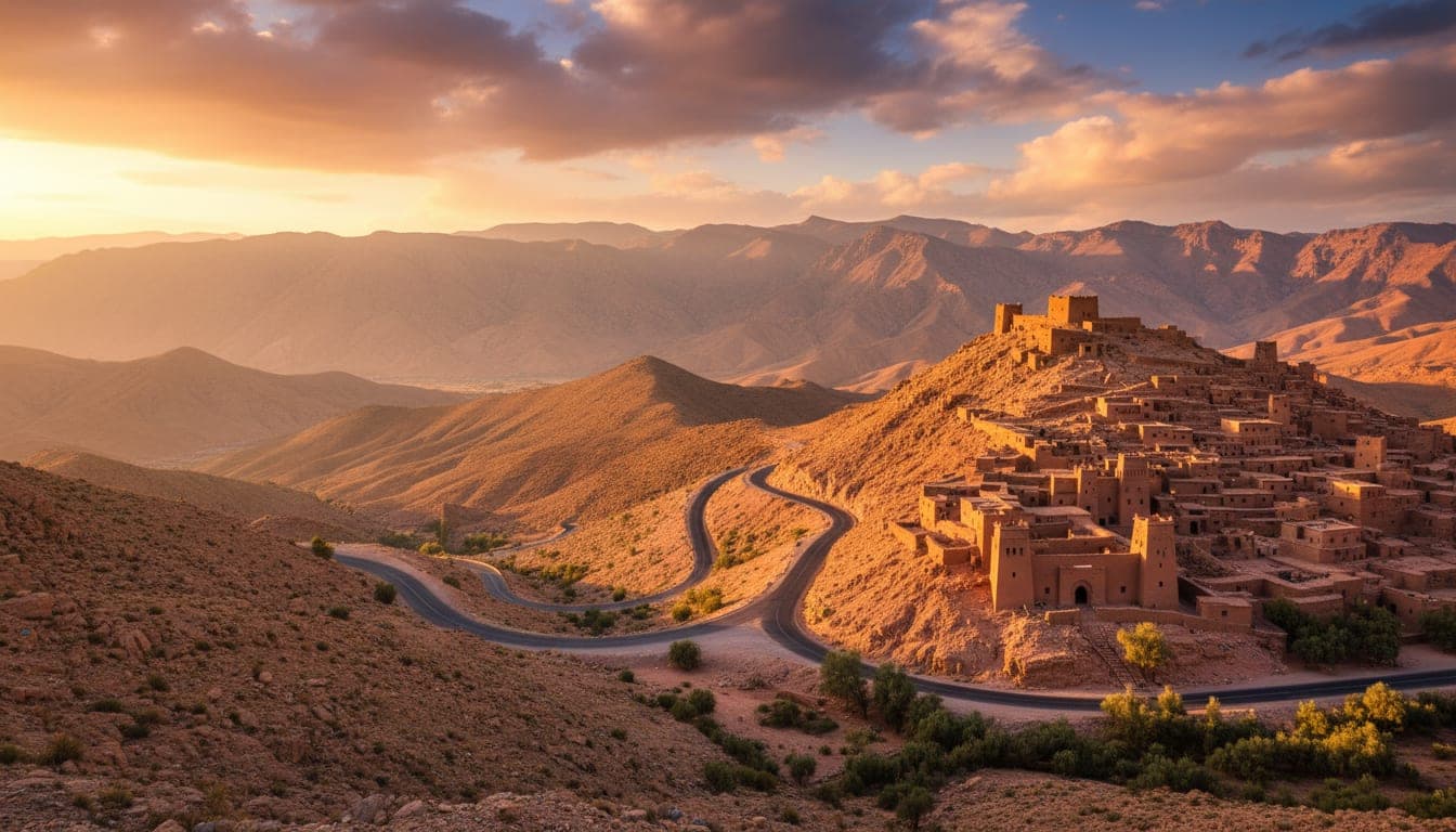 Eine malerische Straße schlängelt sich durch das Hohe Atlasgebirge vorbei an einer Kasbah in Marokko.
