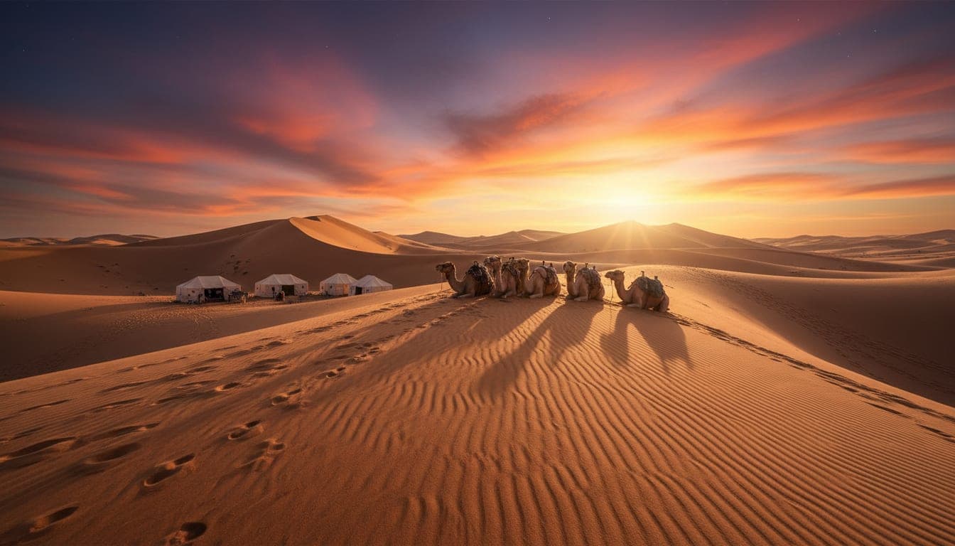 Kamele und ein Wüstencamp in den Erg Chebbi Dünen bei Sonnenuntergang nahe Merzouga, Marokko.