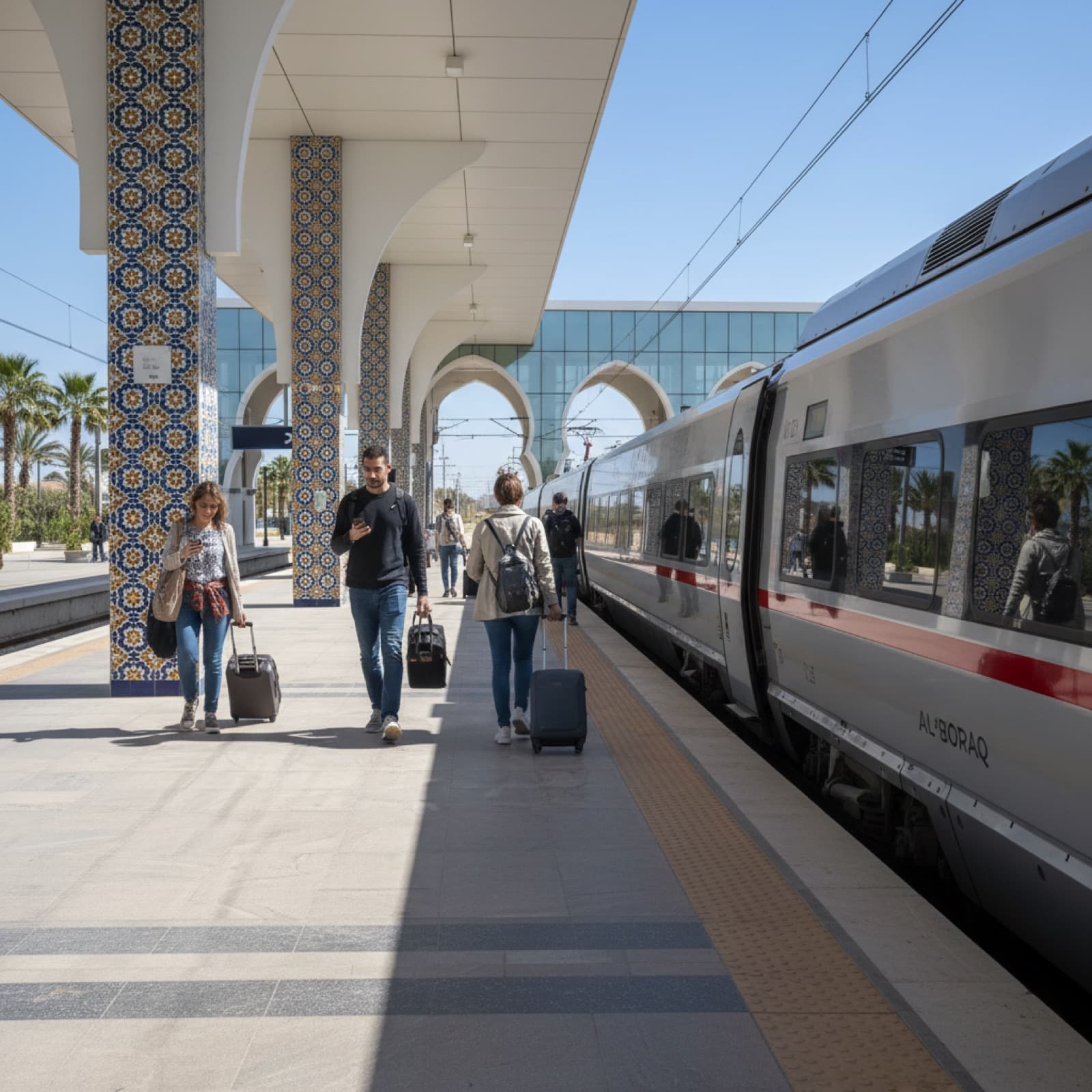 Ein Al-Boraq-Hochgeschwindigkeitszug wartet am Bahnsteig eines modernen marokkanischen Bahnhofs