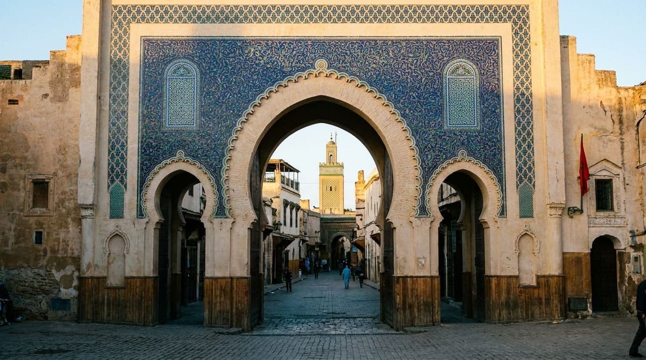 La puerta azul Bab Bou Jeloud a la entrada de la medina de Fez el-Bali en Marruecos.