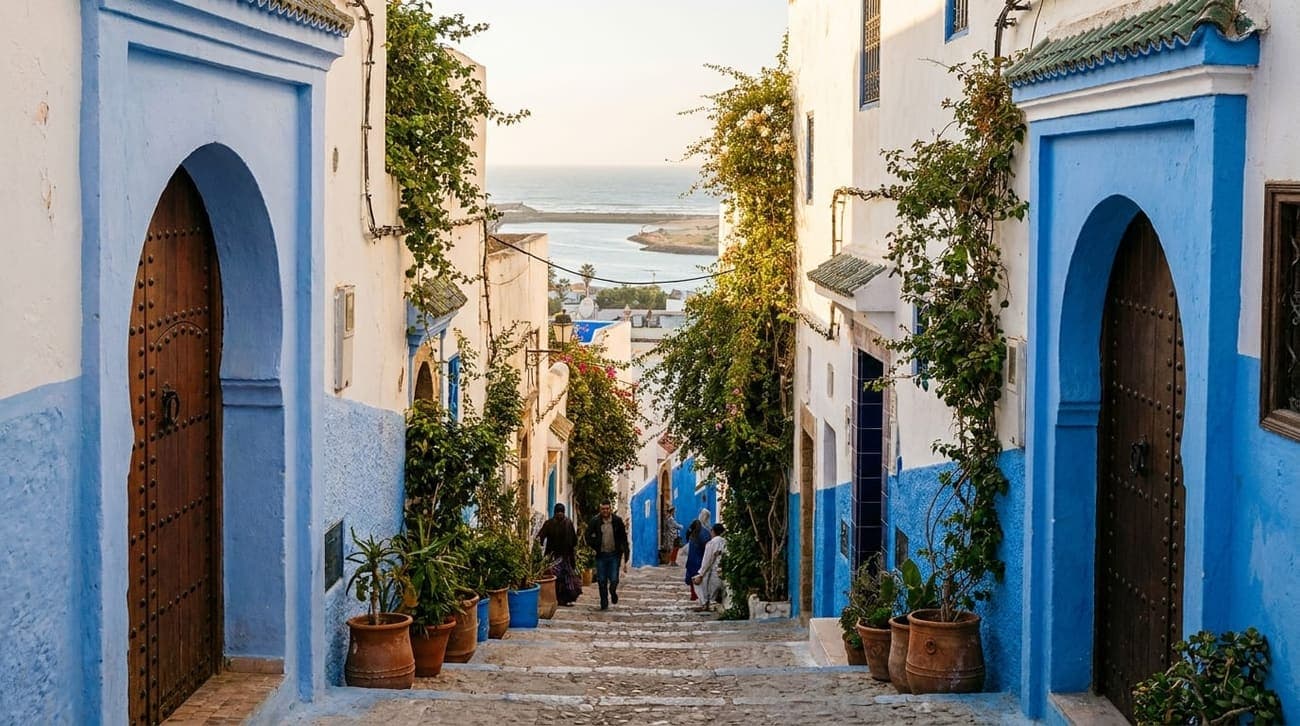 Las calles pintadas de azul y blanco de la Kasbah de los Oudaias en Rabat, Marruecos, con vistas al Atlántico.