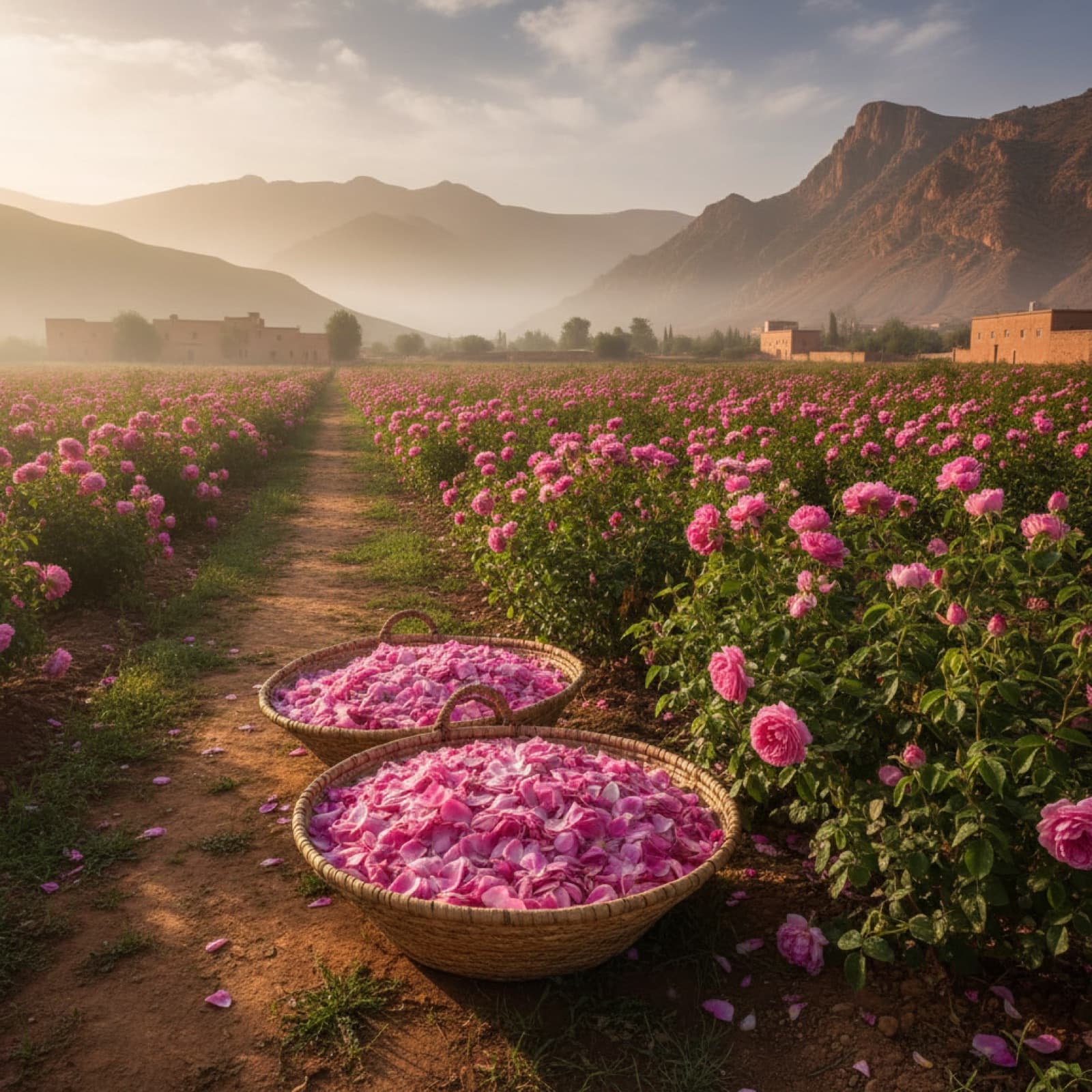 Mulheres a colher rosas de Damasco à mão, ao amanhecer, no Vale das Rosas perto de Kelaat M'Gouna, Marrocos