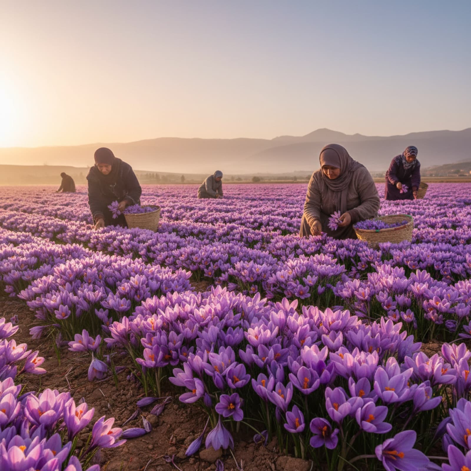 Mãos a colher flores roxas de açafrão-crocus ao amanhecer nos campos em redor de Taliouine, Marrocos, durante a colheita do açafrão de novembro