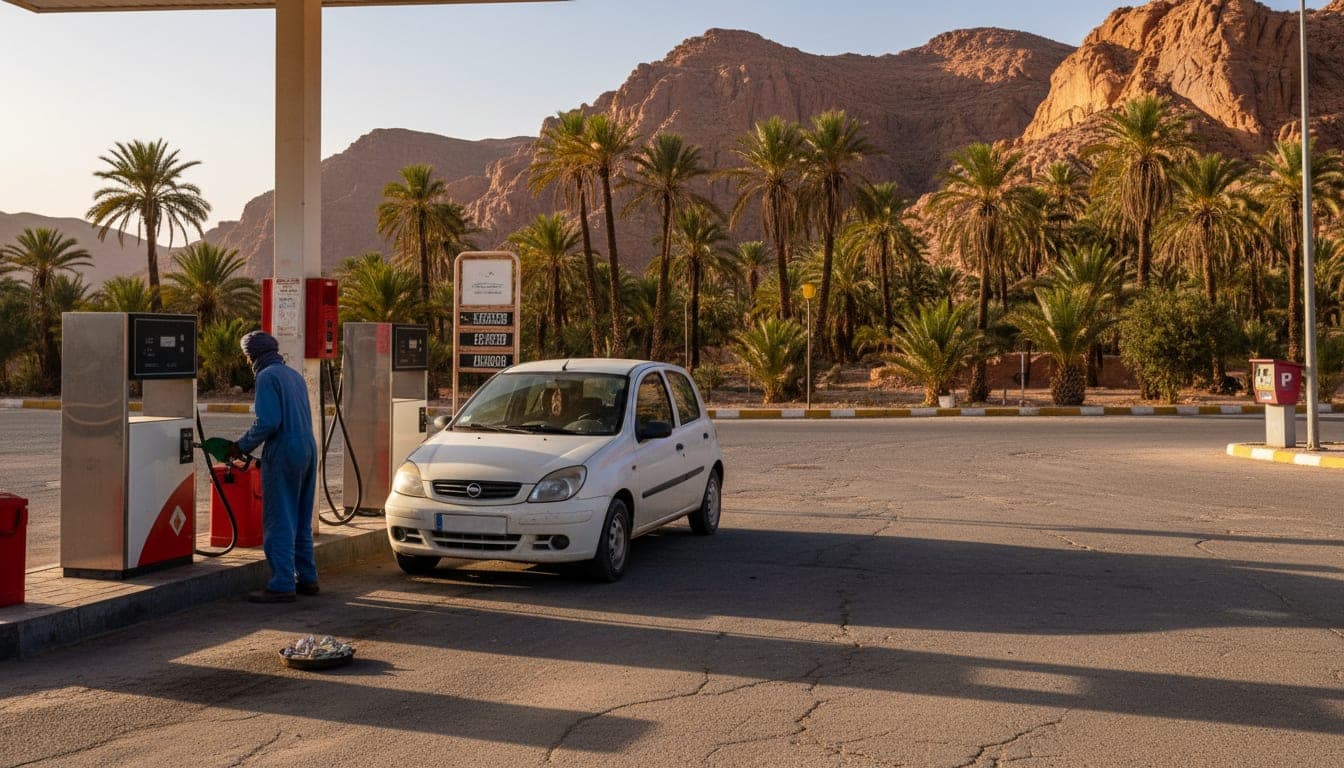 Ein kleiner Mietwagen an einer Tankstelle in Südmorokko neben einem staubigen Parkplatz.