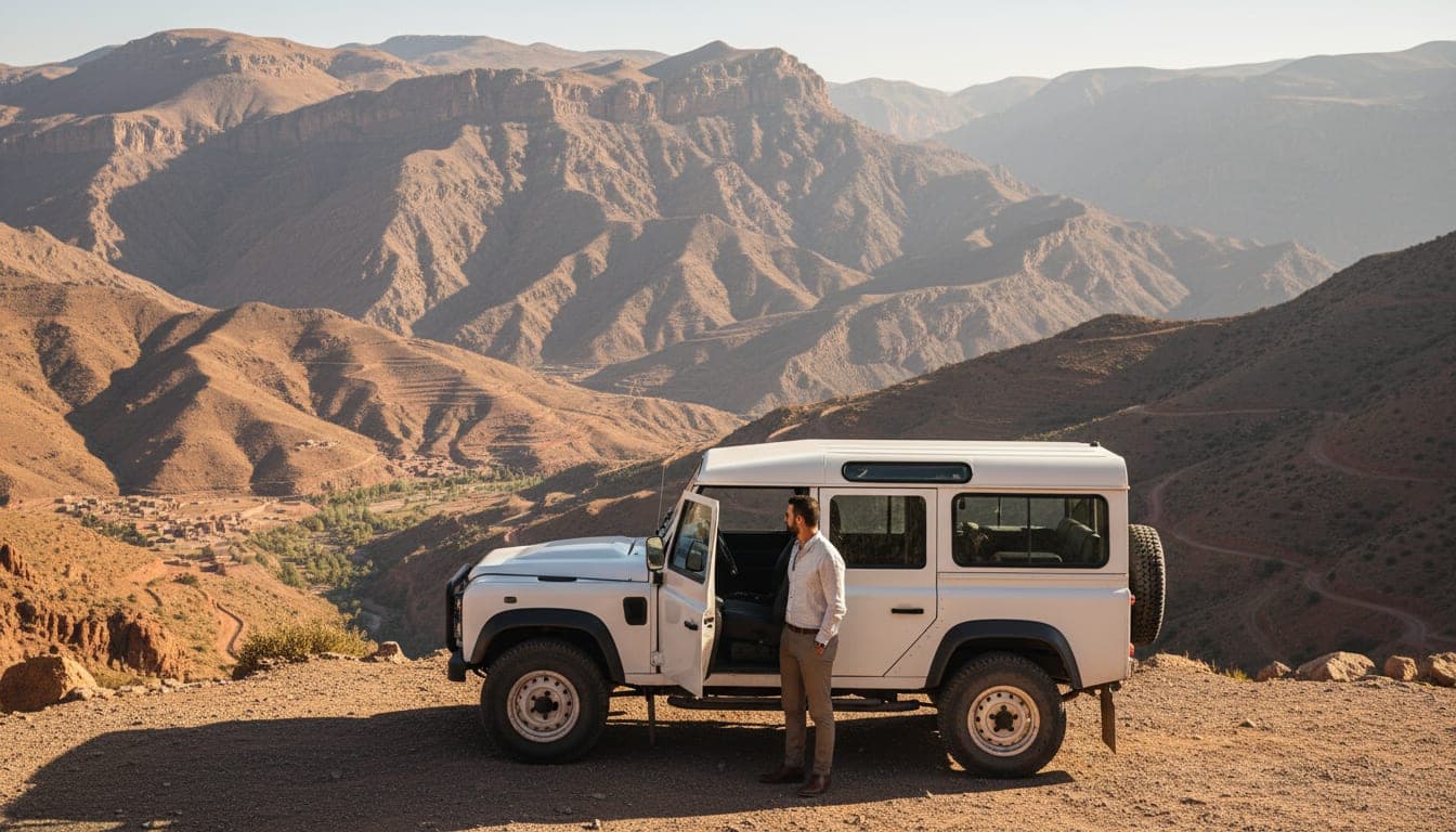 Ein privater Fahrer-Guide neben einem weißen Geländewagen an einem Aussichtspunkt im Hohen Atlas in Marokko.